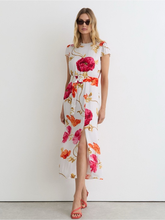 Reiss Dresses & Skirts - Reiss Floral-Print Belted Midi Dress in Ivory/Pink Floral on White Size 10 DL1